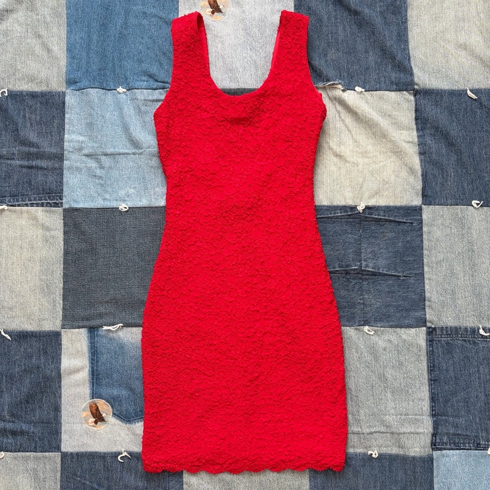 vintage be smart red dress textured lace mesh lace up back made in usa